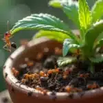 A terracotta pot with a young cannabis plant being overrun by red ants.