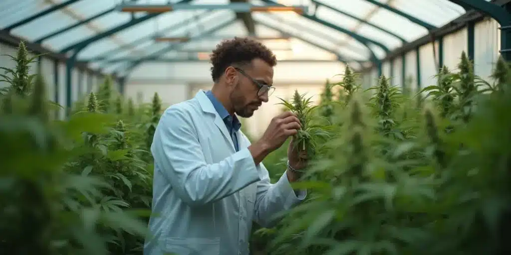 Scientist in greenhouse inspecting cannabis plant for phytoremediation research.