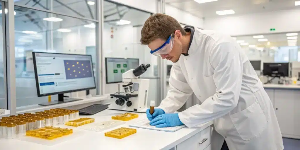 Realistic image of a lab technician comparing live resin and rosin with advanced instruments in a modern lab.