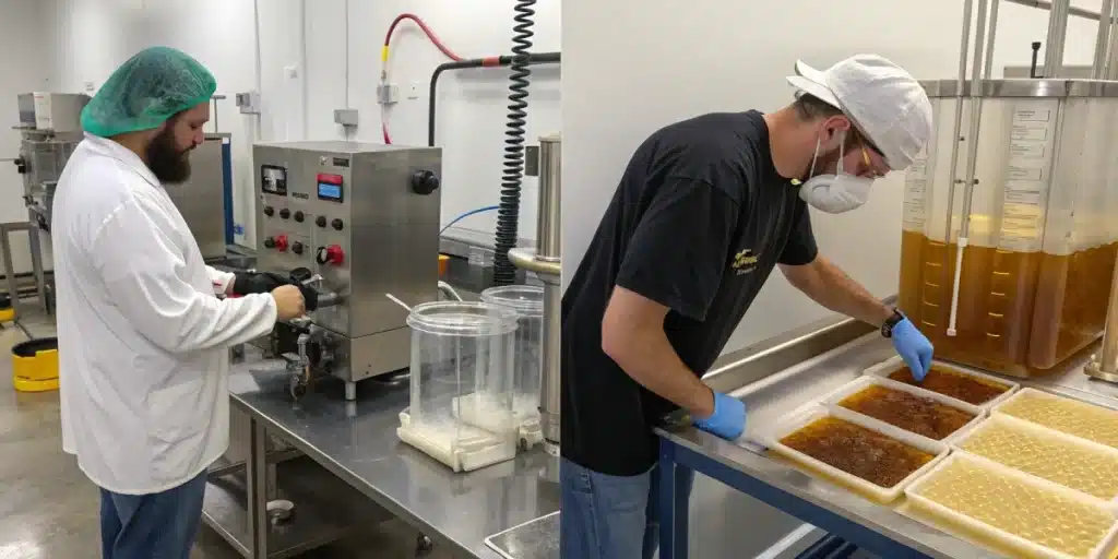 Realistic photo of extraction setups for live resin and rosin, showcasing distinct equipment and methods used in their production.