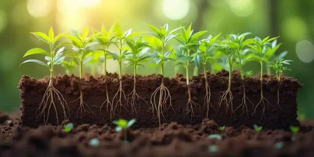A cross-section view of cannabis plants showing root structure and vegetative growth after two months outdoors.
