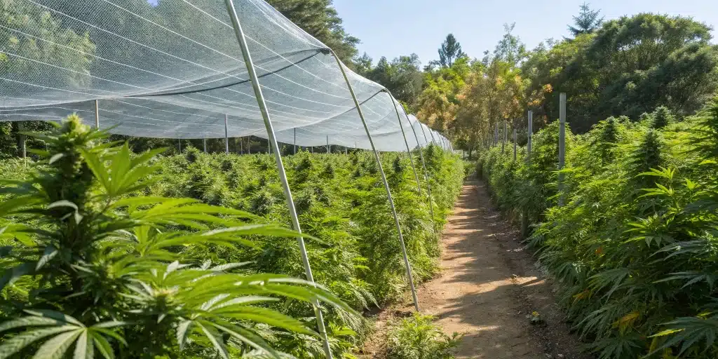 Outdoor cannabis garden showcasing a scrogging outdoors setup with an even canopy for optimal light distribution.