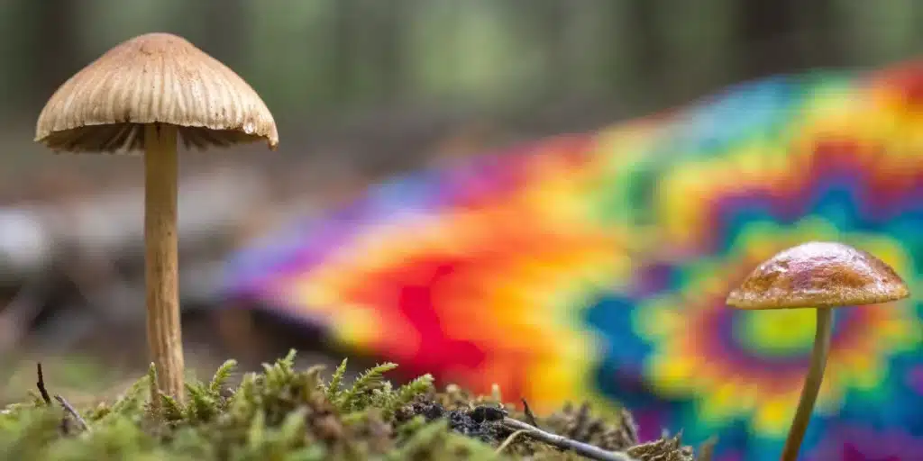 A group of mushrooms with red caps and white spots in a lush forest environment, illustrating the natural side of shrooms vs acid