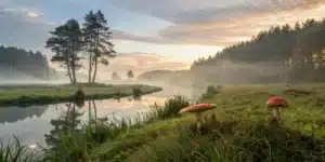 A group of mushrooms with red caps and white spots in a lush forest environment, illustrating the natural side of shrooms vs acid