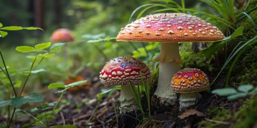 A group of mushrooms with red caps and white spots in a lush forest environment, illustrating the natural side of shrooms vs acid