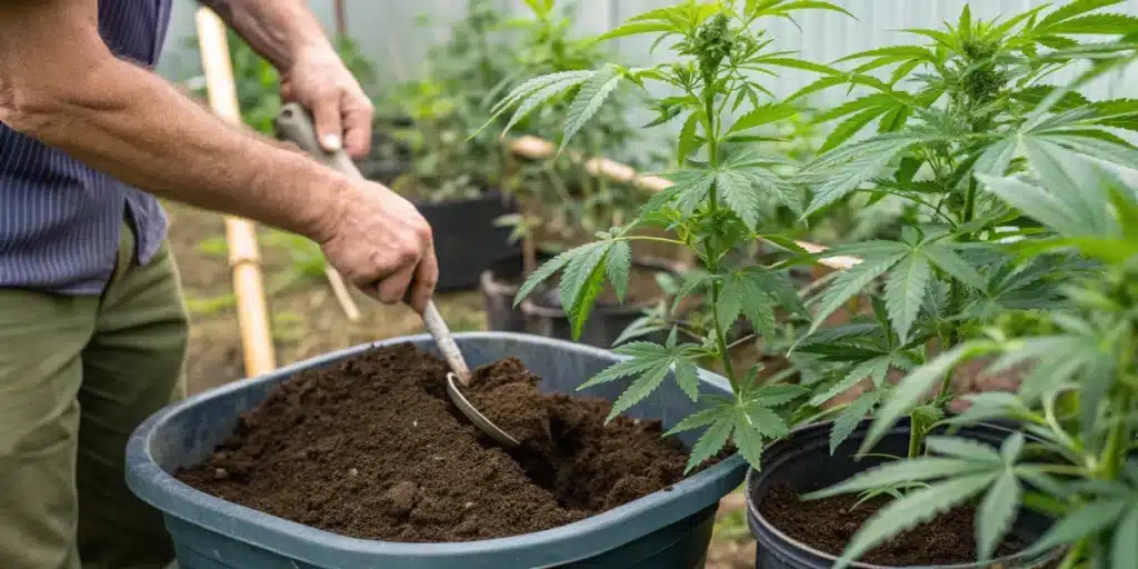 Gardener preparing organic soil amendments for autoflowers, exemplifying the best soil for autoflowers outdoor