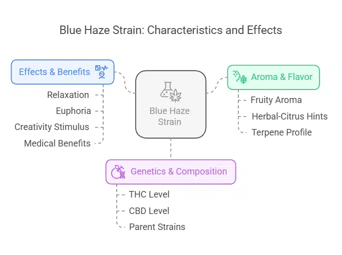 Infographic detailing the characteristics, effects, genetics, and aroma of Blue Haze Strain, organized into color-coded sections.