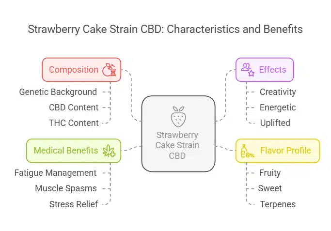 Diagram showcasing Strawberry Cake Strain CBD characteristics, including composition, effects, medical benefits, and flavor profile