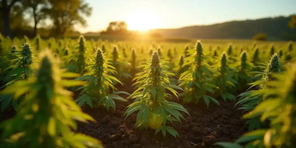 Sunlit cannabis field in Michigan with plants starting to flower in the summer season.