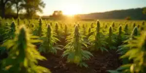 Sunlit cannabis field in Michigan with plants starting to flower in the summer season.