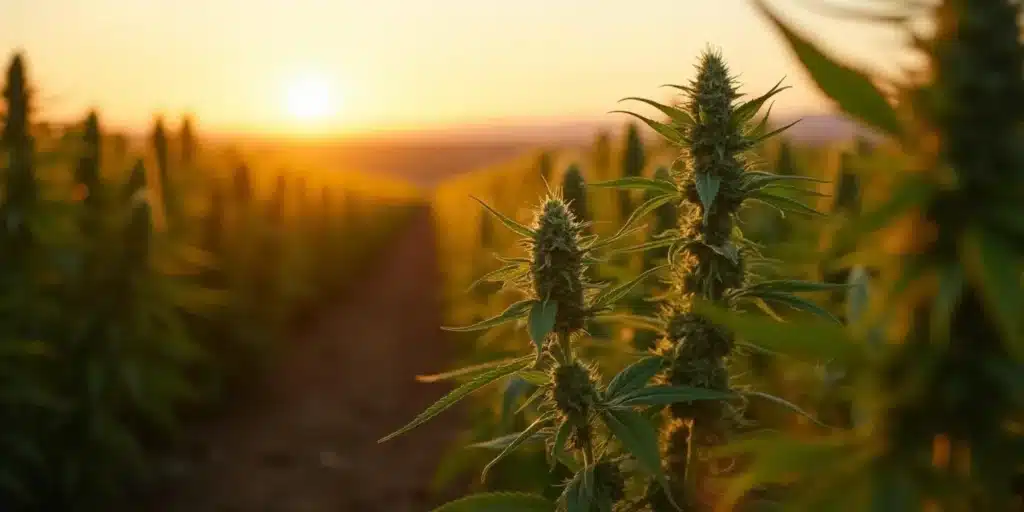 Dry farming cannabis plants thriving in rows under a golden sunset