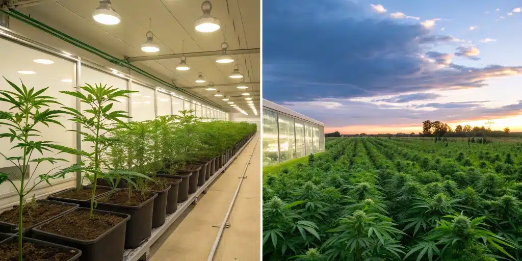Split-screen comparison illustrating switching from indoor to outdoor cannabis cultivation.