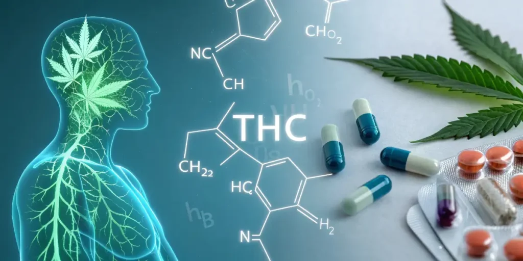 Medical illustration: human head with cannabis leaves, THC chemical structure, and pills.