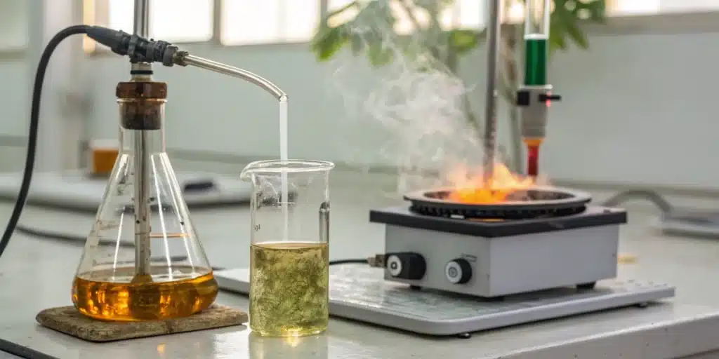 Laboratory decarboxylation setup showing THCA conversion with boiling flask, beaker of green solution and hot plate flame.