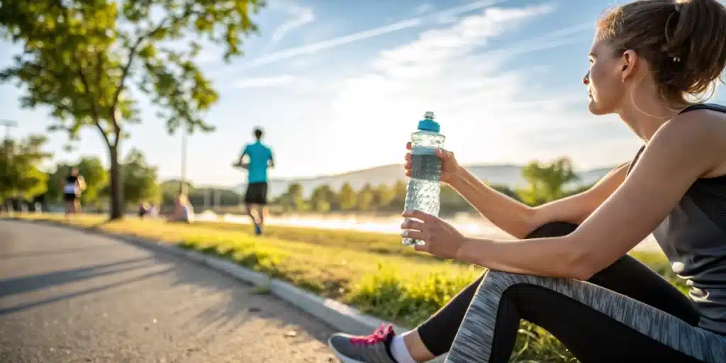 Runner pausing on park trail with water bottle after THCA detox jog under morning sun.