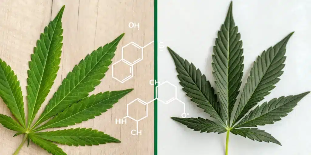 Side-by-side comparison of cannabis leaves representing THCV and THC