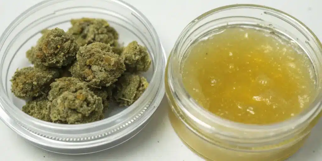 Clear container of cannabis buds next to a jar of golden THCV or THC concentrate, on a white surface.