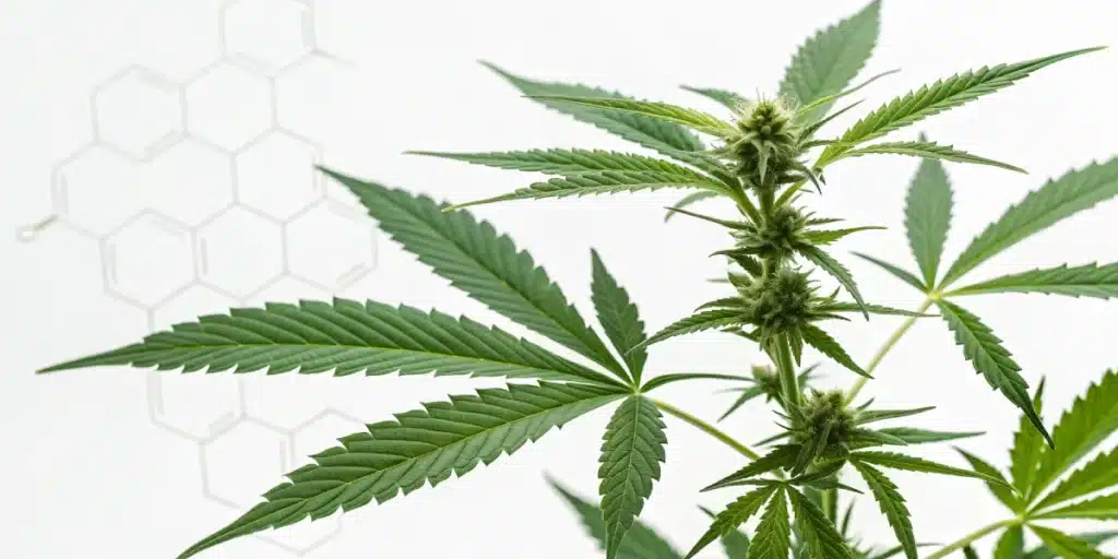 Close-up of a cannabis plant with THCV molecular structure in background