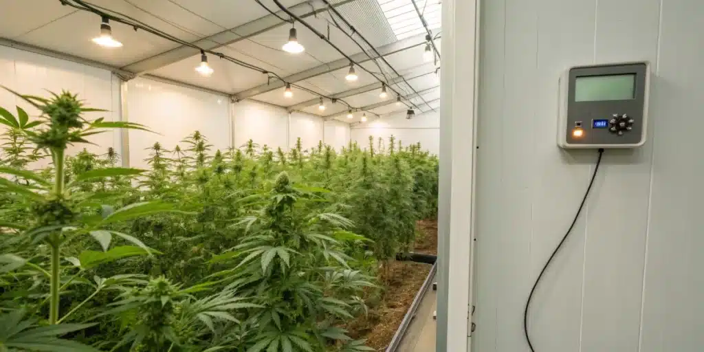 Cannabis plants growing indoors under artificial light with a wall-mounted temperature control system.