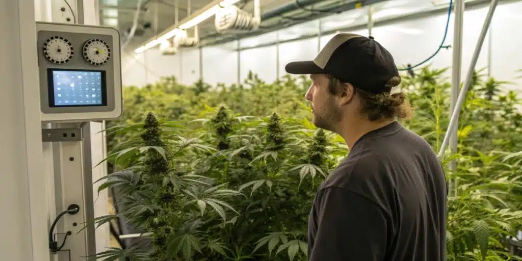 Cannabis grower monitoring environmental controls inside an advanced indoor cultivation room.