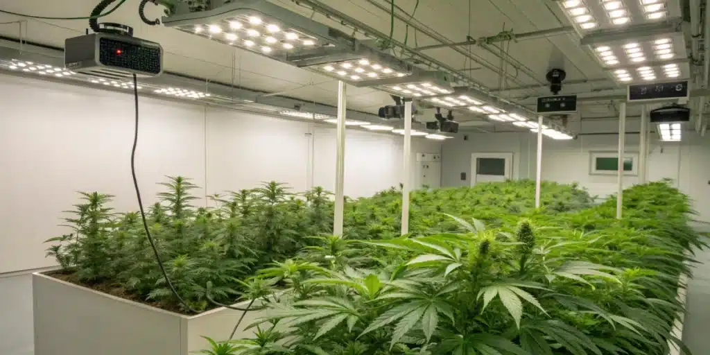 Realistic indoor cannabis grow room with climate control equipment and digital temperature displays ensuring optimal growth.