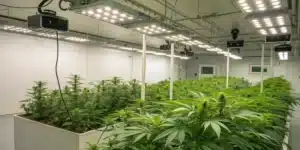 Realistic indoor cannabis grow room with climate control equipment and digital temperature displays ensuring optimal growth.