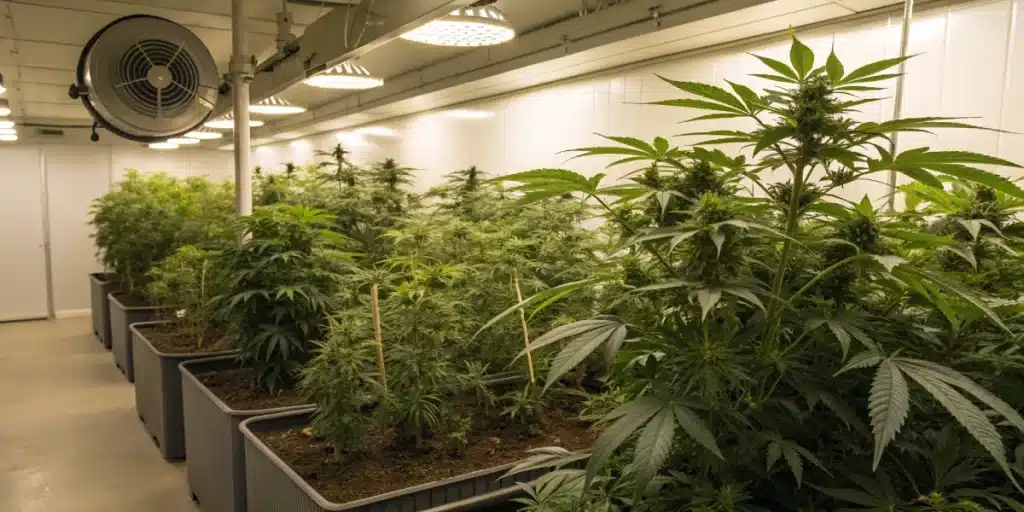 Realistic image of a cannabis grow room with healthy plants emitting distinct aromas from a range of terpenes.