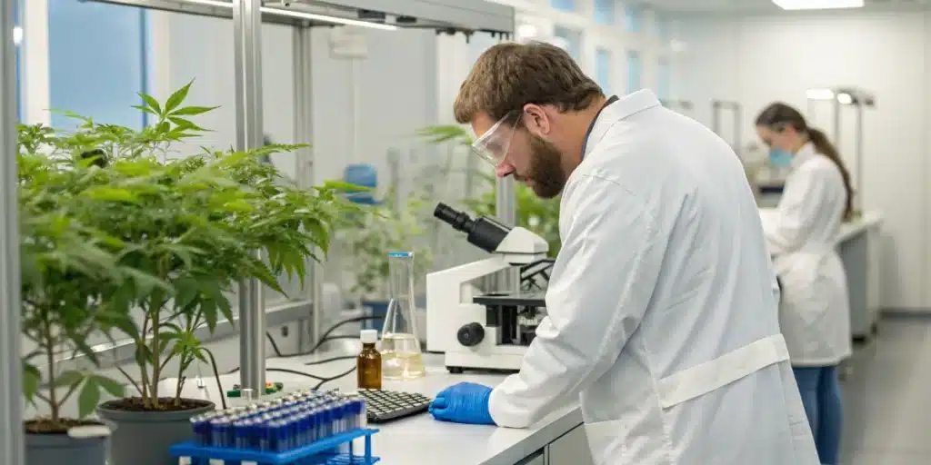 Realistic lab scene of a scientist using modern instruments to analyze terpene levels in cannabis extracts.