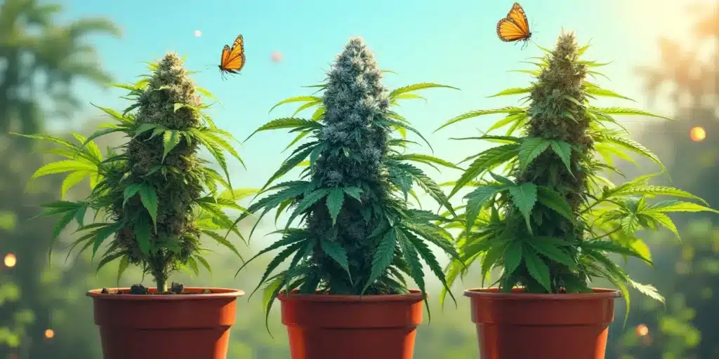 Three healthy cannabis plants flourishing in outdoor pots under the sun, with butterflies around them. Learn how to optimize your container garden for the best yields.