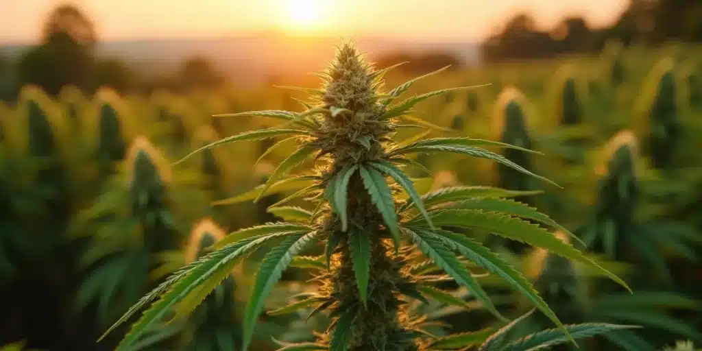 A healthy cannabis plant with dense buds growing in a large outdoor field during sunset.