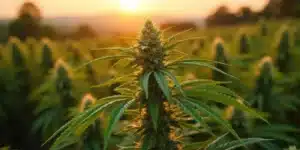 A healthy cannabis plant with dense buds growing in a large outdoor field during sunset.