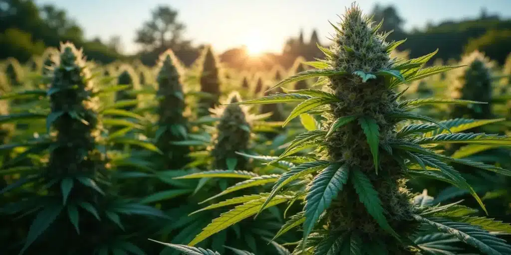 A field of mature cannabis plants flourishing under natural sunlight.