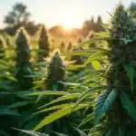 A field of mature cannabis plants flourishing under natural sunlight.