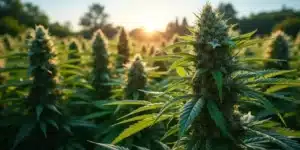 A field of mature cannabis plants flourishing under natural sunlight.