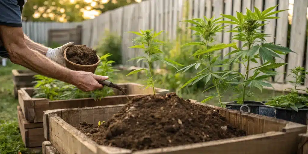 Gloved hands adding soil to a raised wooden planter with cannabis plants in a backyard garden.