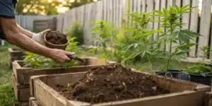Gloved hands adding soil to a raised wooden planter with cannabis plants in a backyard garden.