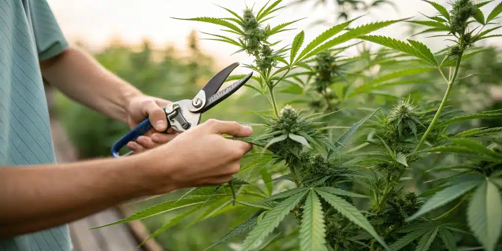 Close-up of a gardener topping a plant, highlighting when to top outdoor plants for enhanced yield and structure