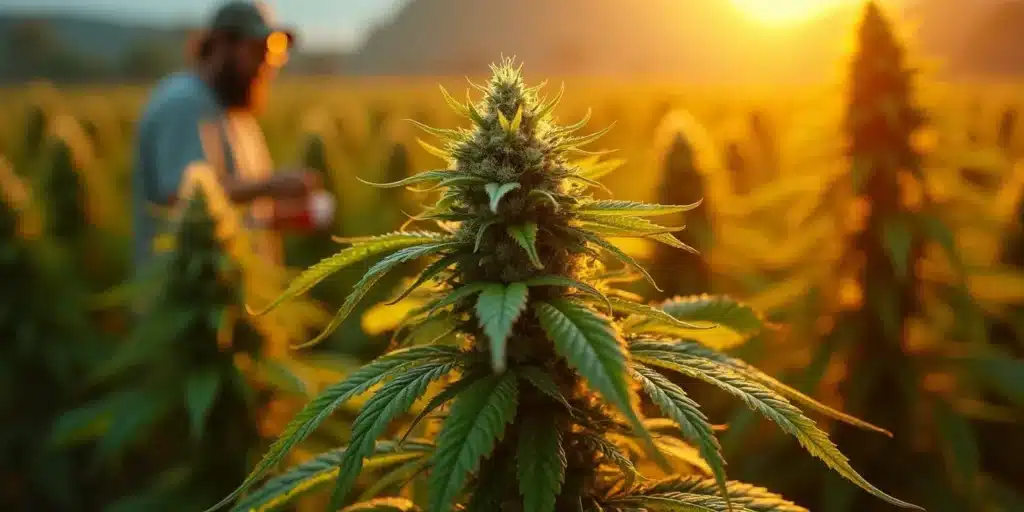 A thriving cannabis plant in an outdoor field, cultivated with the best outdoor weed fertilizer for optimal flowering and resin production.
