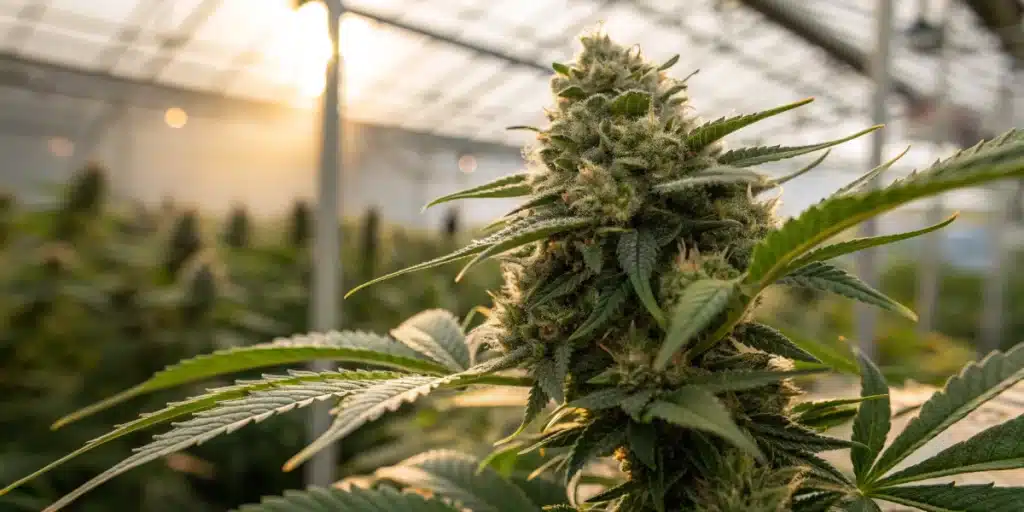 Close-up of a cannabis bud showcasing dense trichomes under natural light in a greenhouse.