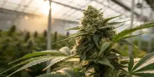 Close-up of a cannabis bud showcasing dense trichomes under natural light in a greenhouse.