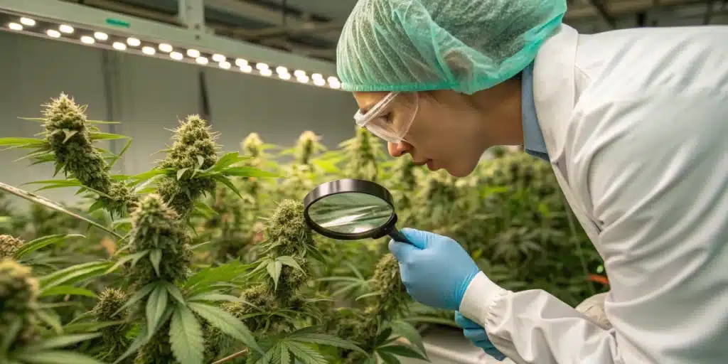 Horticulturist using a magnifying glass to inspect cannabis bud trichomes in a professional grow room.