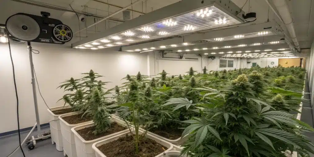 Modern cannabis grow room with healthy plants exhibiting abundant trichomes on buds.