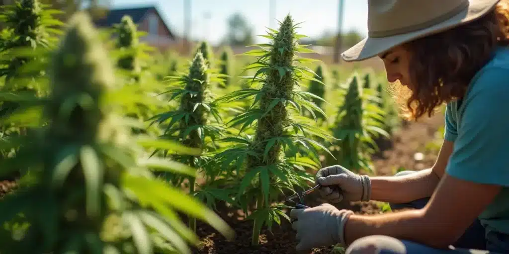 A grower with gloves and trimming scissors pruning marijuana plants