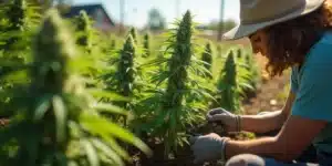 A grower with gloves and trimming scissors pruning marijuana plants