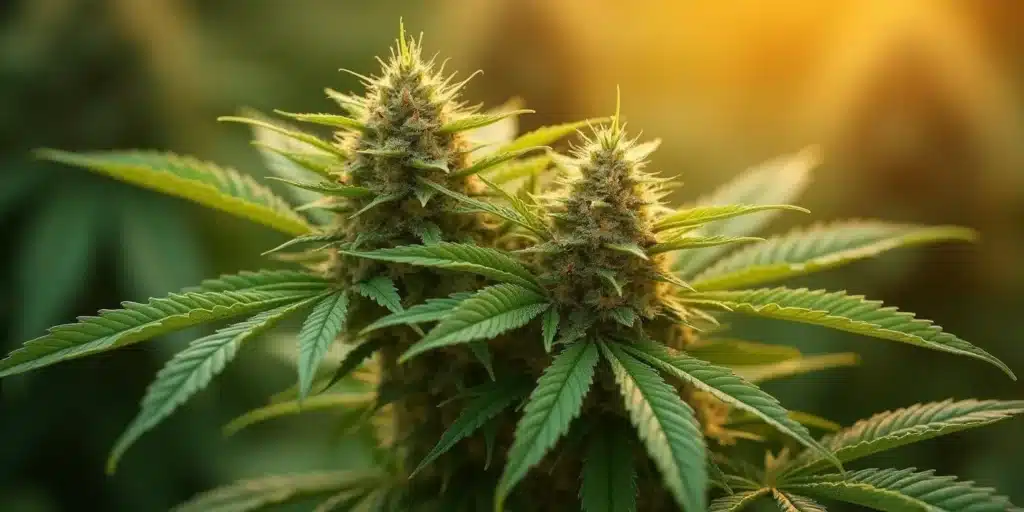 Close-up of two flowering cannabis buds in an outdoor setting with sunlight.