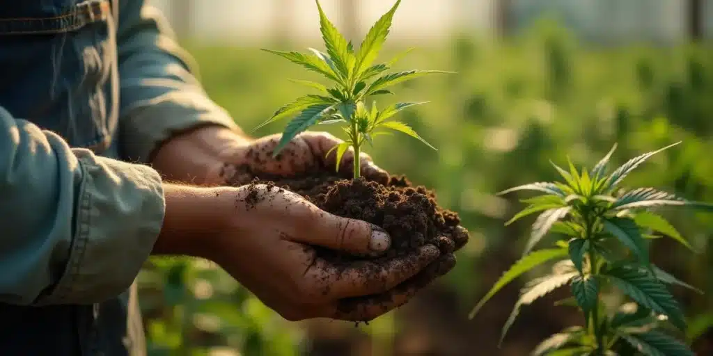 Farmer holding a cannabis seedling treated with plant growth regulators.
