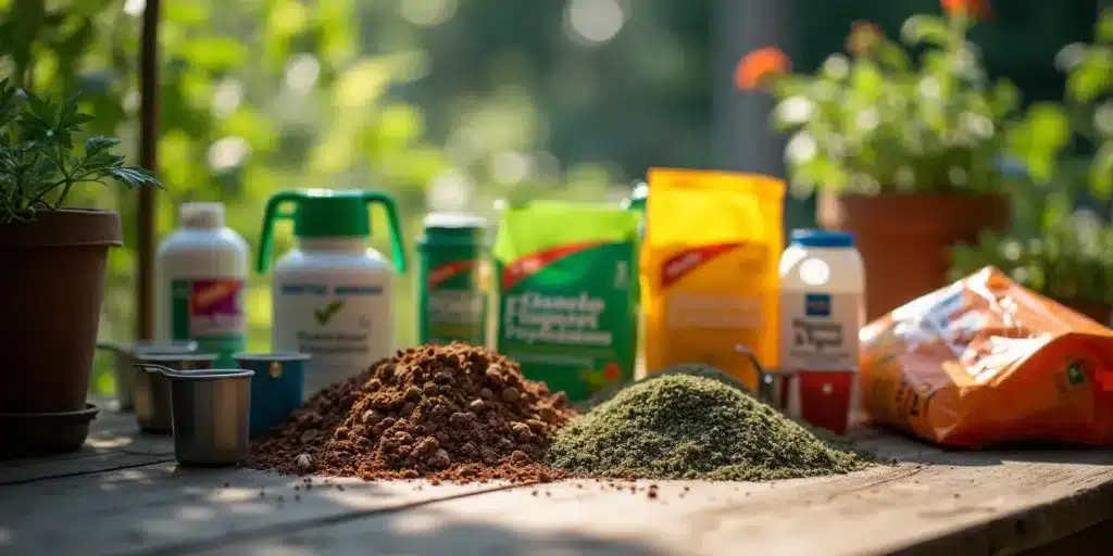 Various organic and chemical fertilizers displayed alongside nutrient-rich soil, essential for maximizing plant growth and potency.