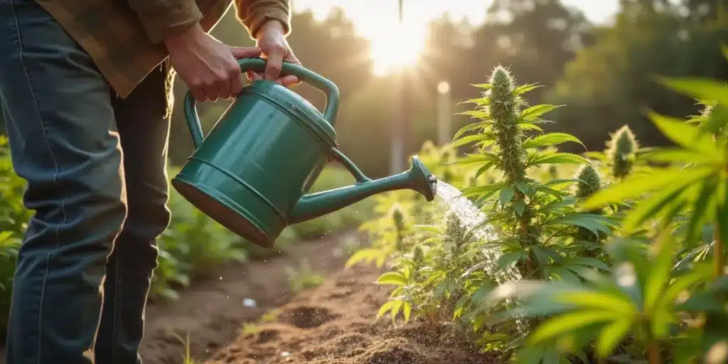 Watering marijuana plants outdoors in summer with a green watering can.