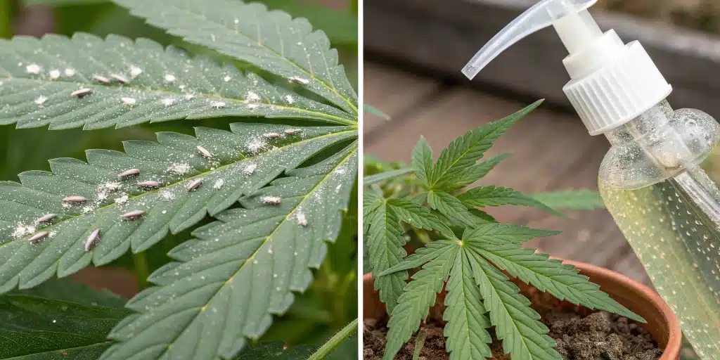 Close-up of a cannabis leaf with whiteflies and treatment application demonstrating how to get rid of whiteflies outdoors.