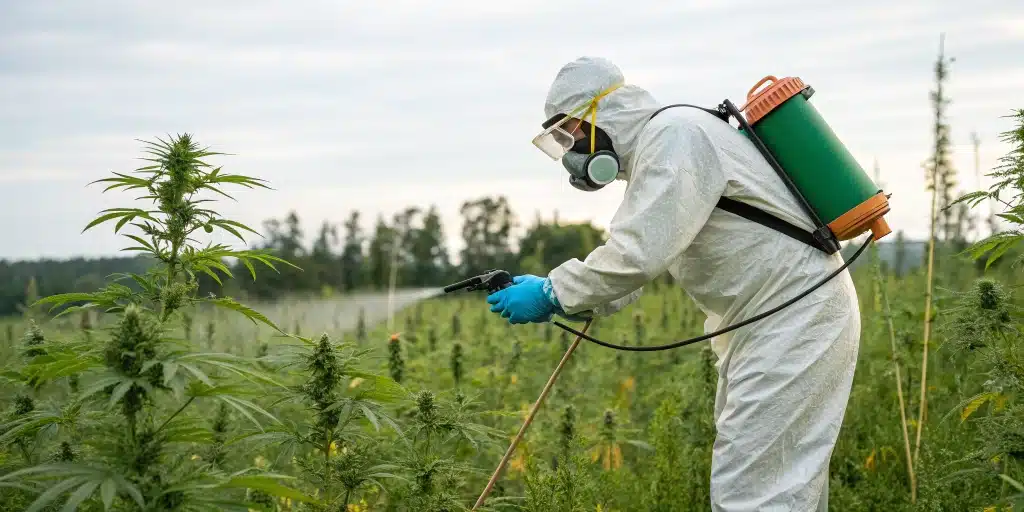 A garden technician applying safe pesticide methods, showcasing how to get rid of whiteflies outdoors for a healthy cannabis garden